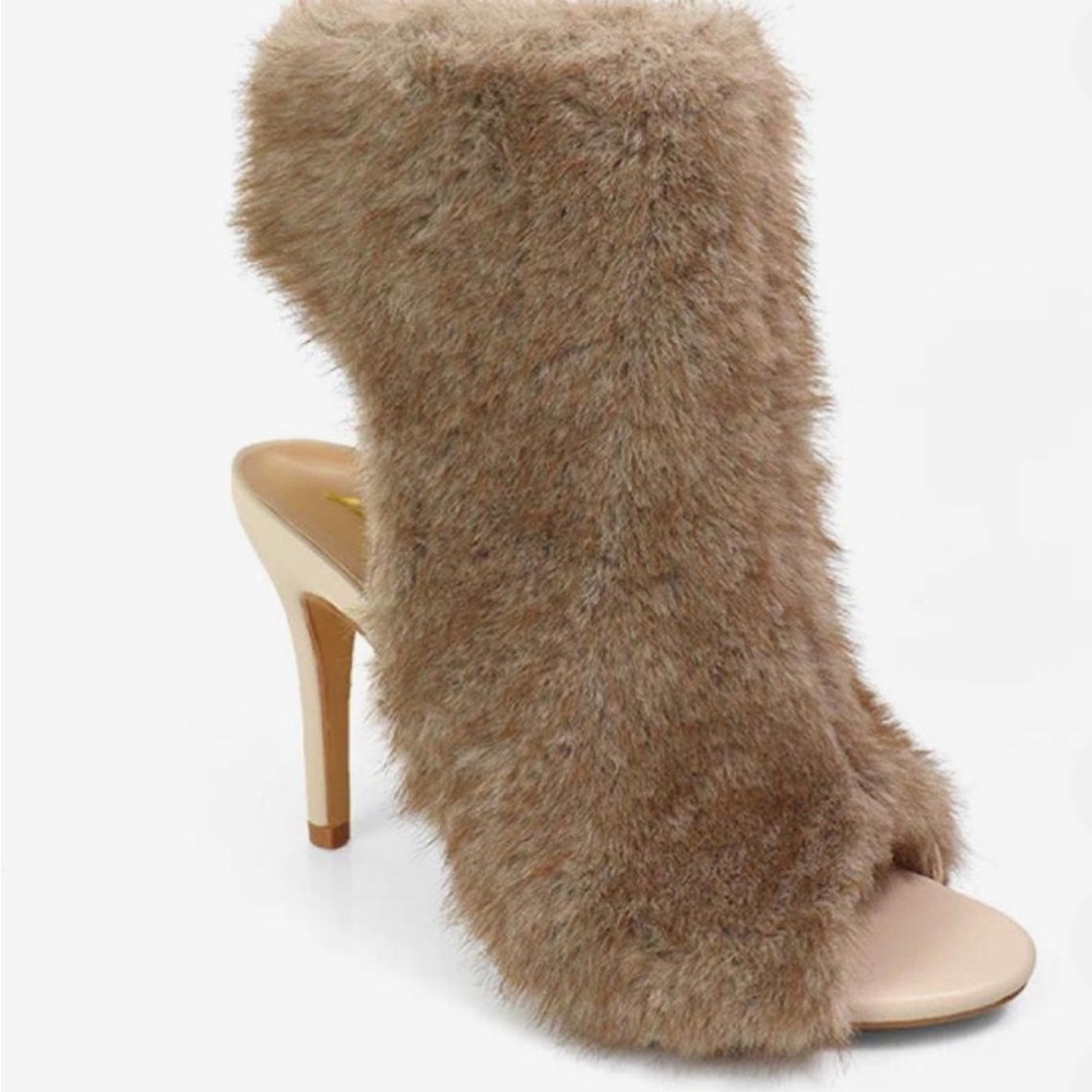 Faux Fur Tan High Heel Mules